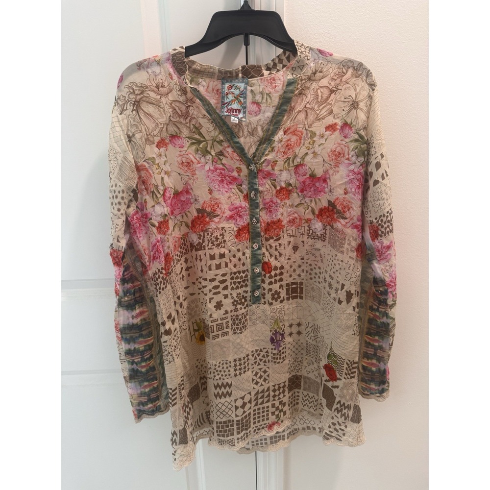 Johnny Was Fawn Beige Button Up Pink Down Tunic Top Long Shirt Hippie S
